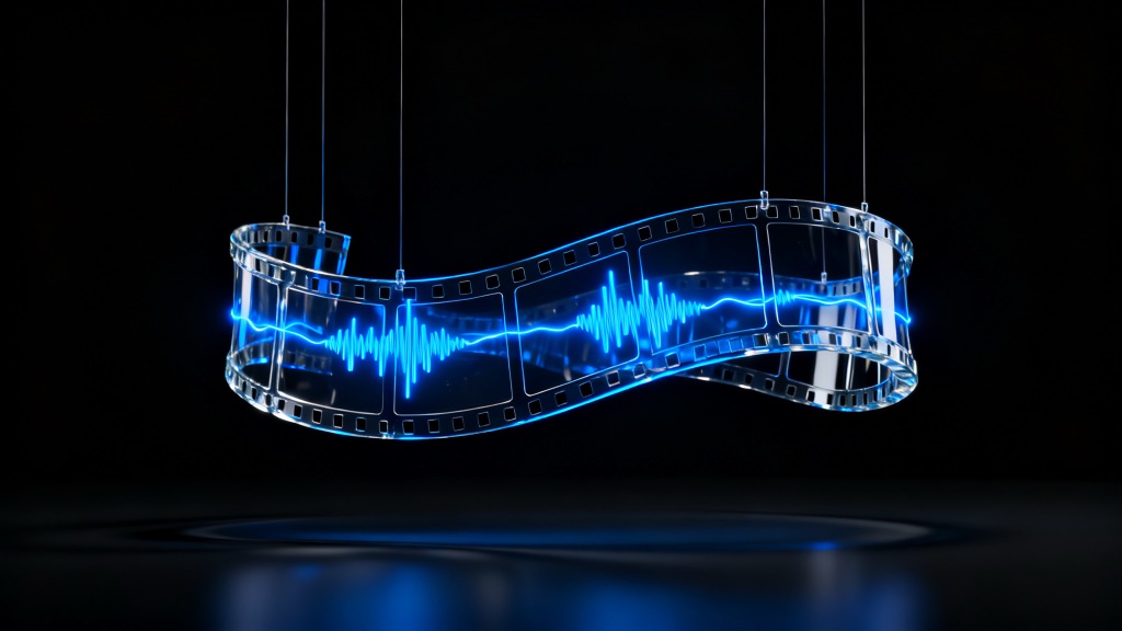 Glass film strip suspended in darkness with a blue audio waveform running through its frames