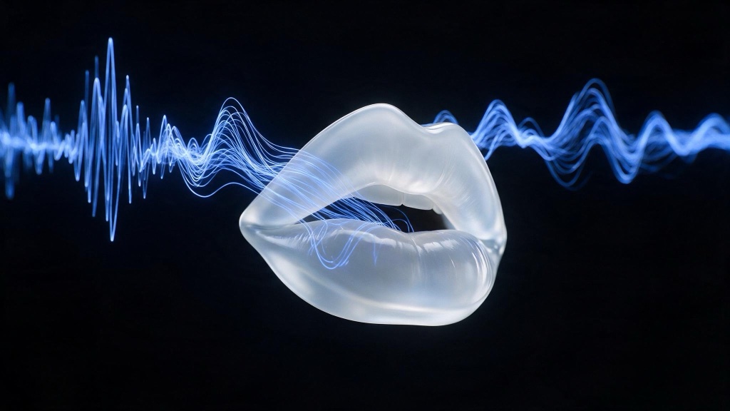 Sculpted glass lips with a blue audio waveform passing through