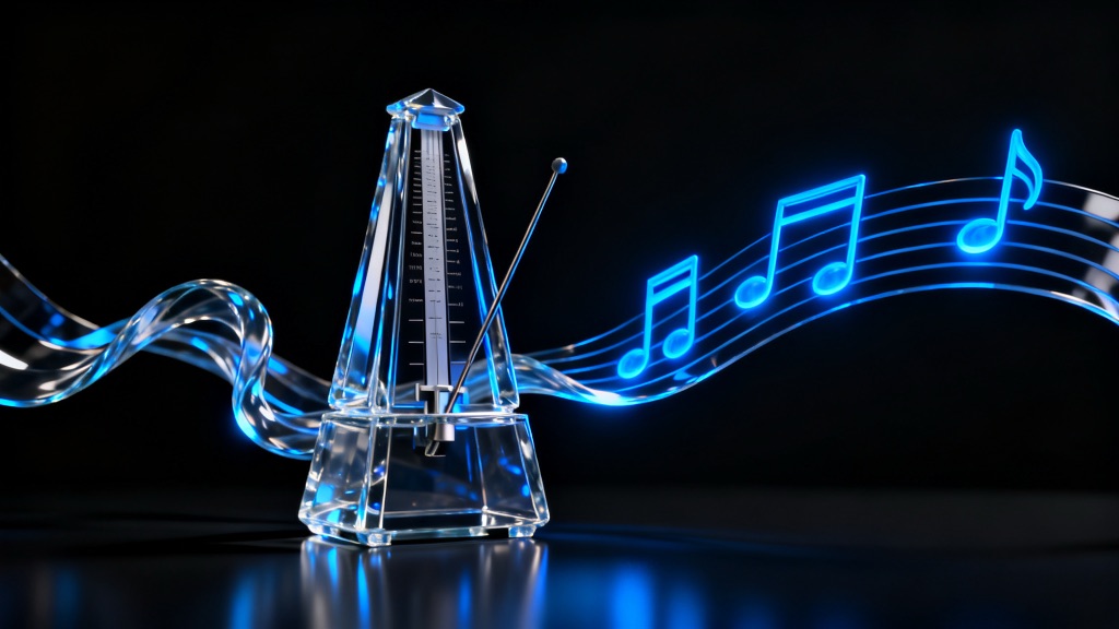 Glass metronome with a ribbon of blue staff lines and notes flowing past
