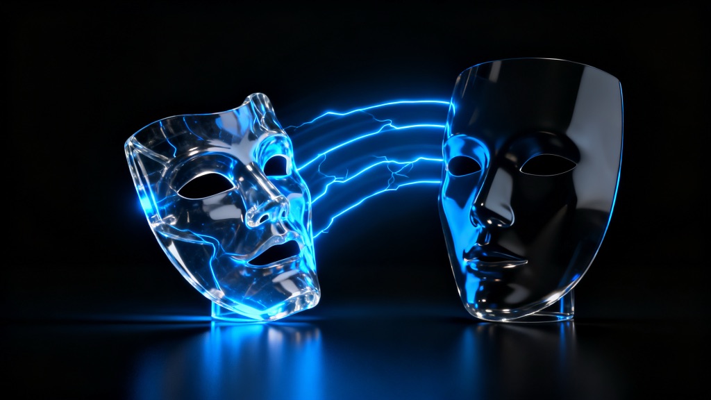 Glass theater mask sending arcs of blue light onto a second dark mask