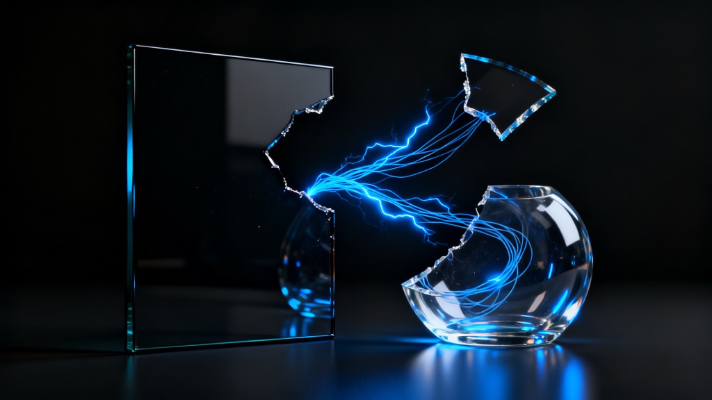 Dark glass panel with a missing shard being rebuilt by streams of blue light