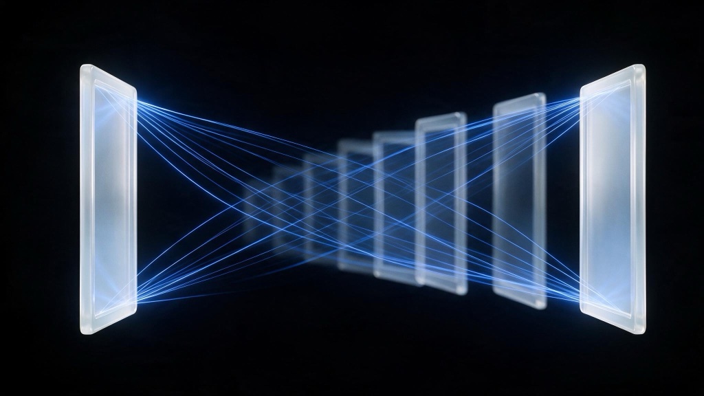 Two glass frames joined by arcs of blue light forming ghost frames