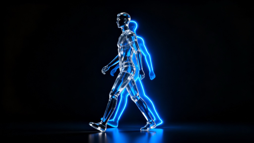 Glass figure mid-stride overlapped by an identical twin of blue light